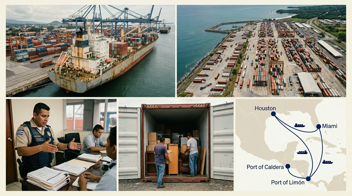 Container ship docked at a Central American port with cargo containers stacked on the quay and gantry cranes overhead