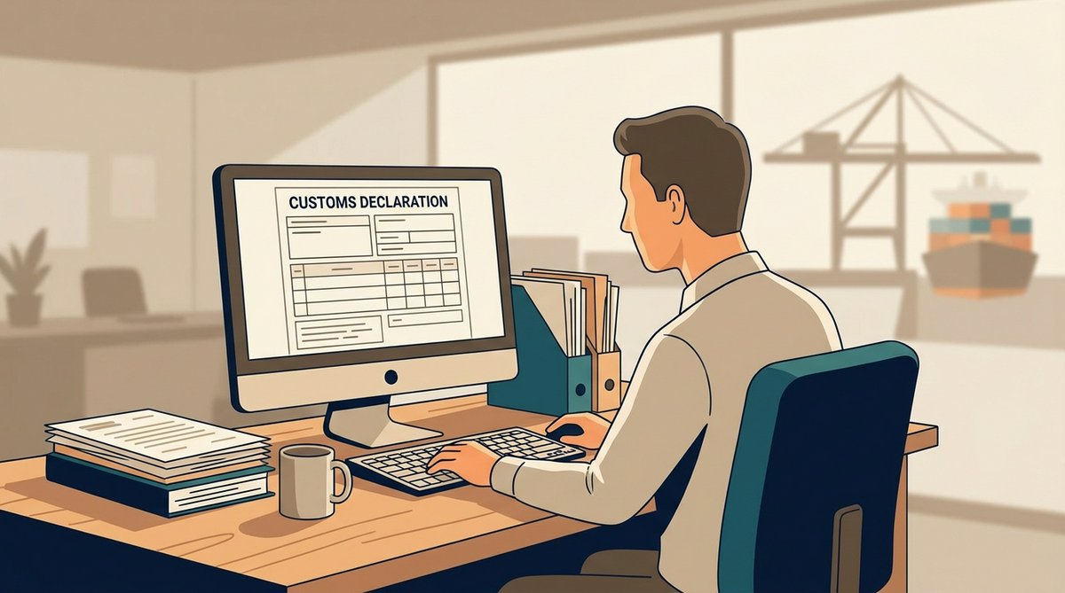 A customs broker at a desk reviewing a commercial invoice and Bill of Lading alongside a customs declaration screen