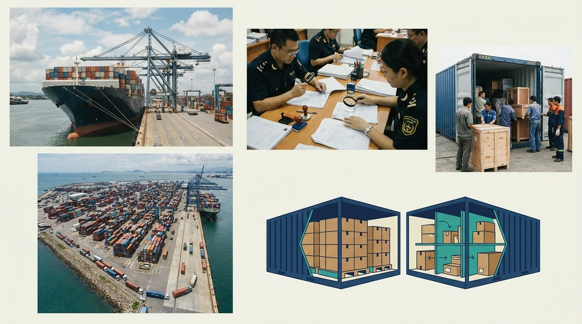 A dockside container yard with a mix of sealed full-size shipping containers and a partially loaded container being packed with mixed cargo