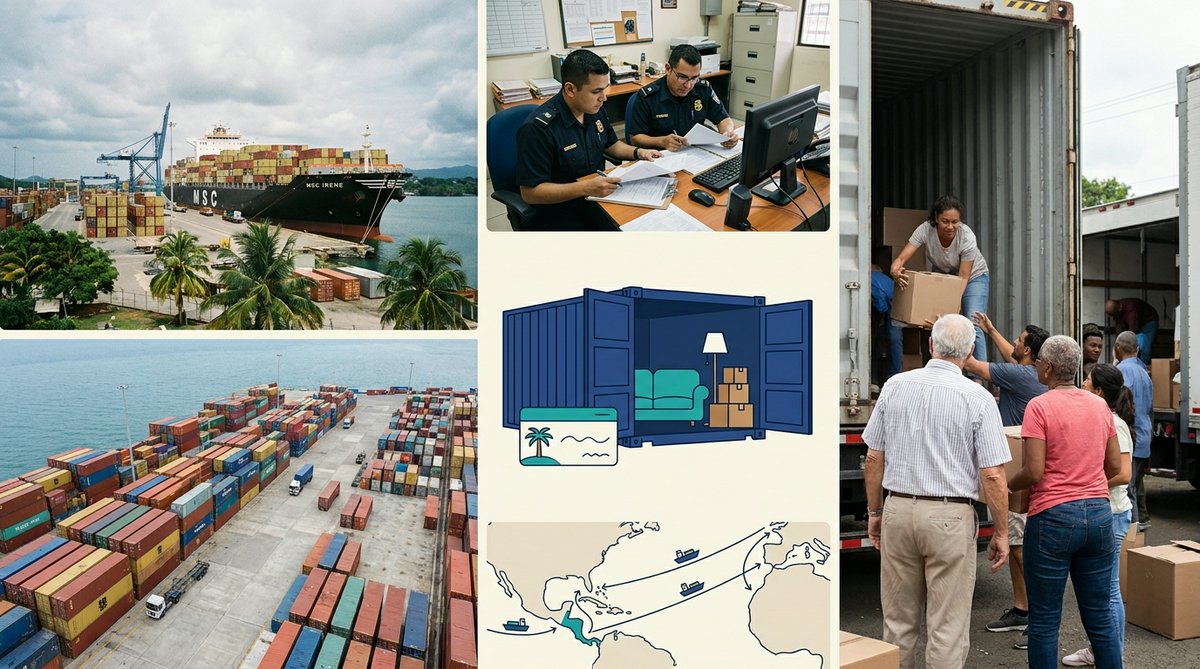 A customs officer reviewing a household goods inventory list beside an open shipping container at a Costa Rican port
