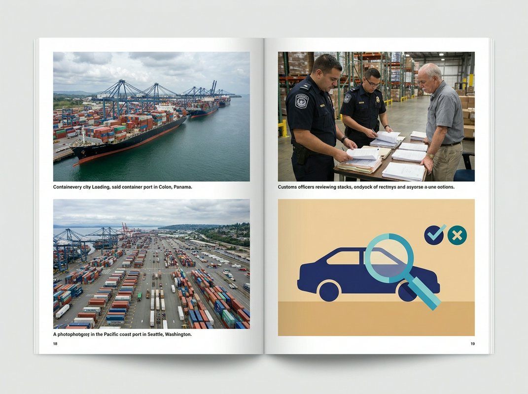 A customs officer checking a vehicle's chassis identification plate against import paperwork at a Costa Rican port.